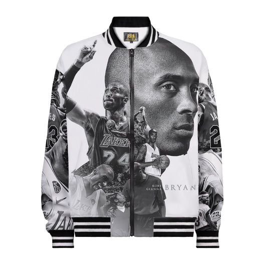 Basketball Superstar Print Film Tape Black And White Gray Color Bomber Jacket With Ribbed Knit Stand-Up Collar (Copy)