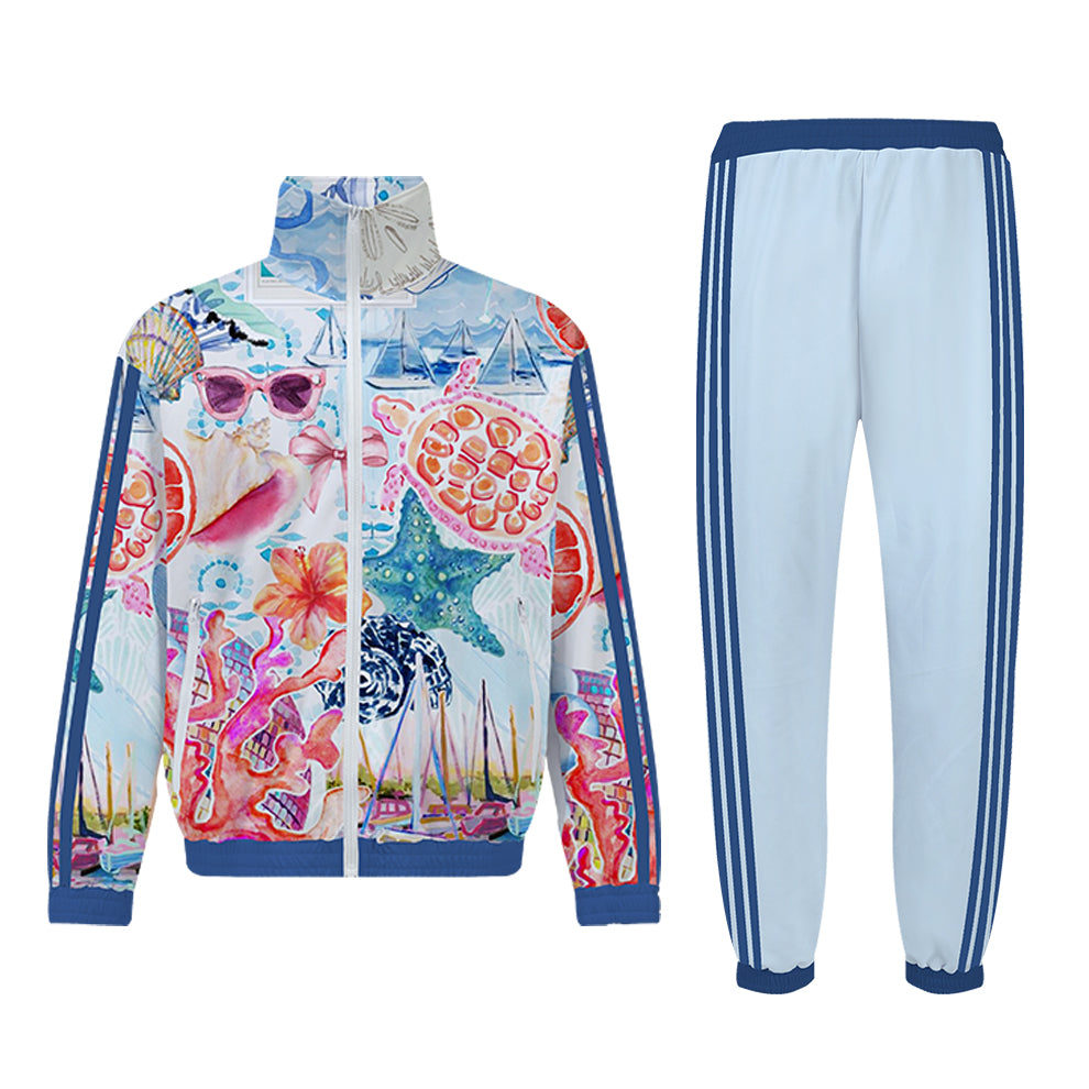 Hawaiian Beach Style Print Zip Up Track Suit Top