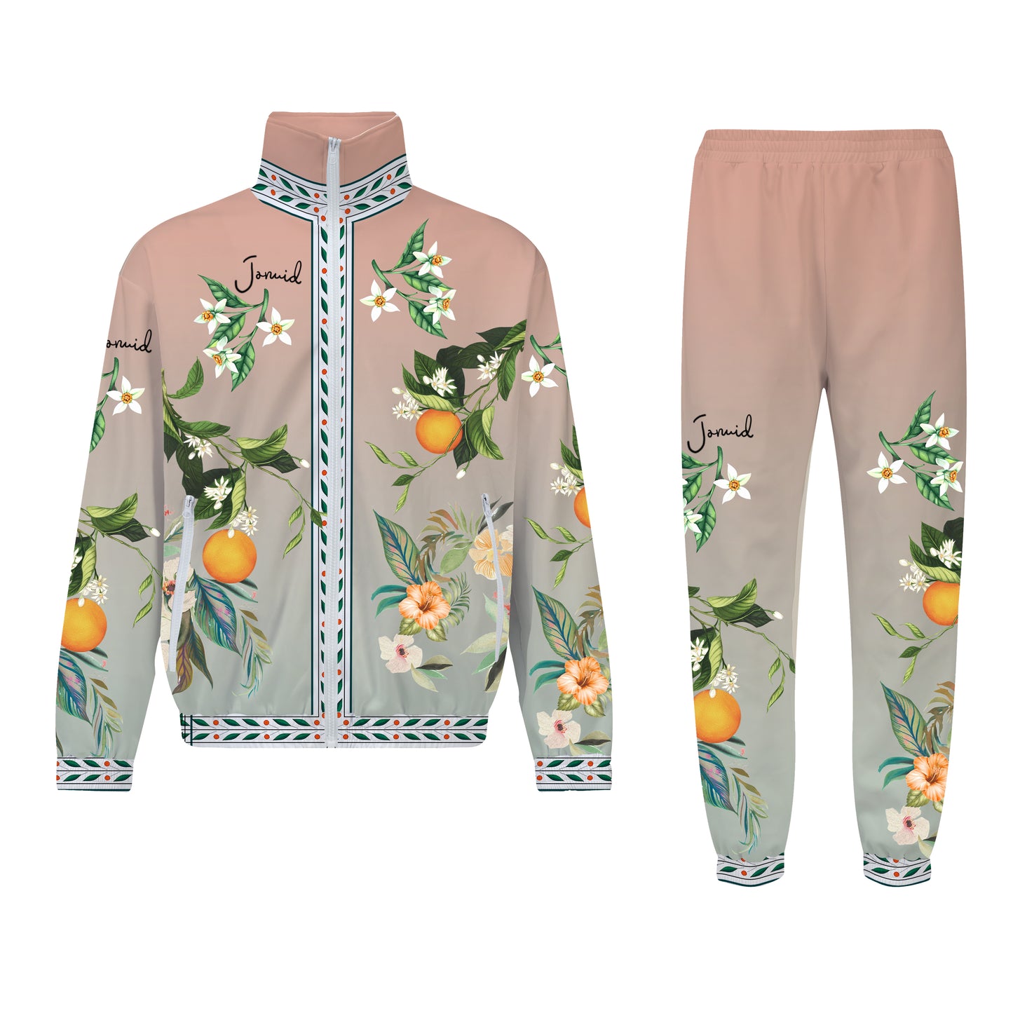 Orange Floral Pattern Zip Up Track Suit Top