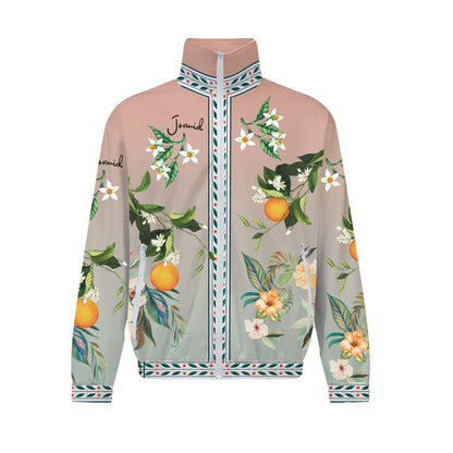 Orange Floral Pattern Zip Up Track Suit Top