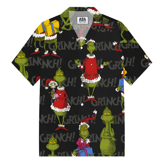 Green Monster Christmas Dress Up Gift Giving Camp Collar Short Sleeve Shirt