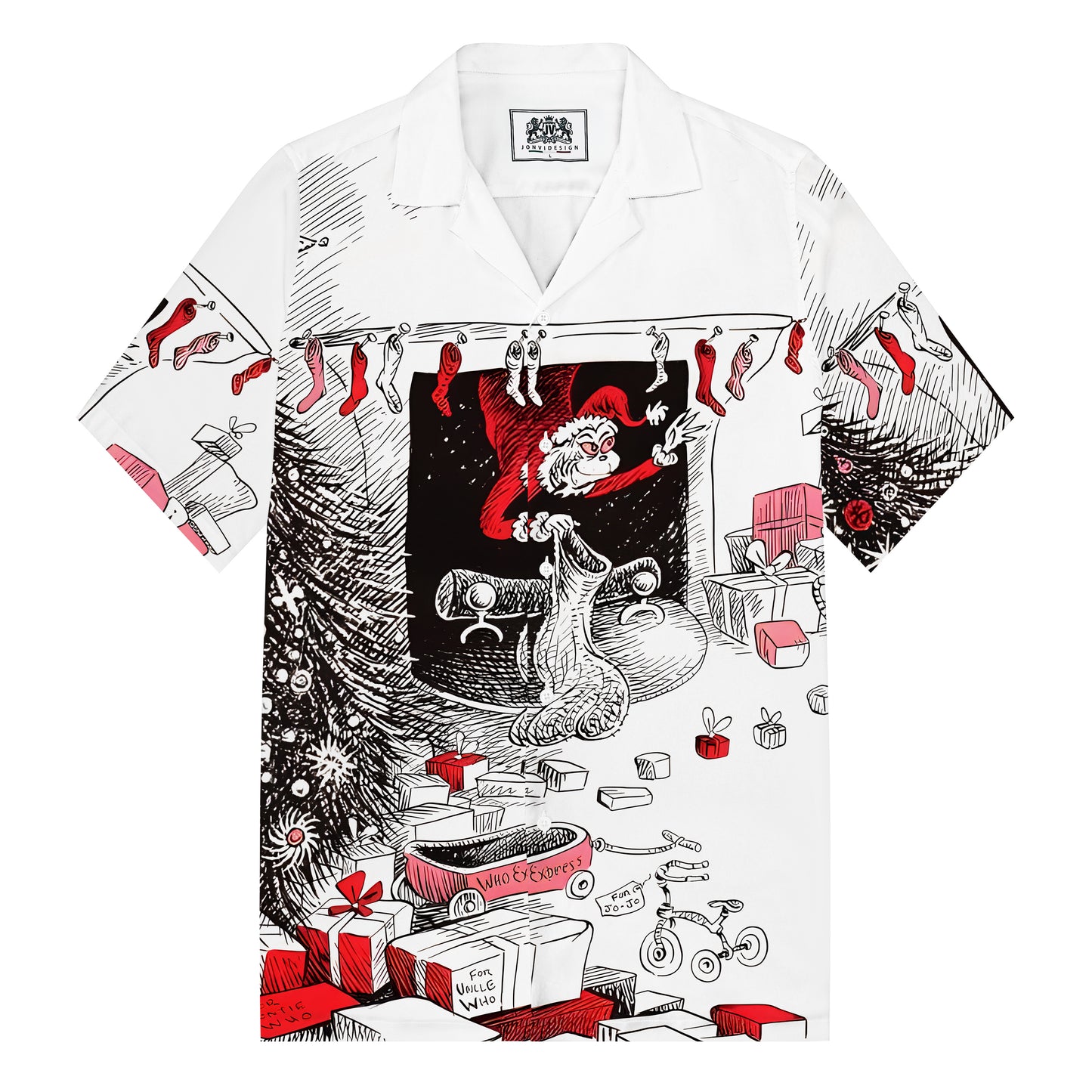 Santa Claus Giving Gifts Print Camp Collar Short Sleeve Shirt