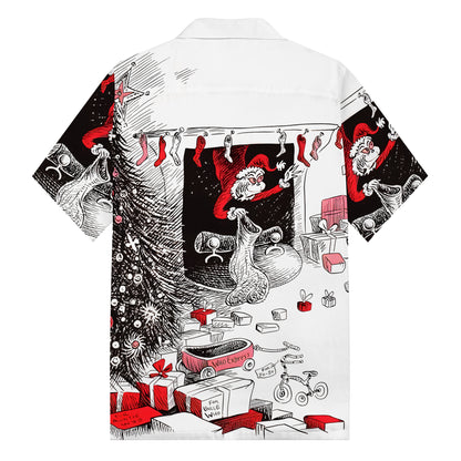 Santa Claus Giving Gifts Print Camp Collar Short Sleeve Shirt