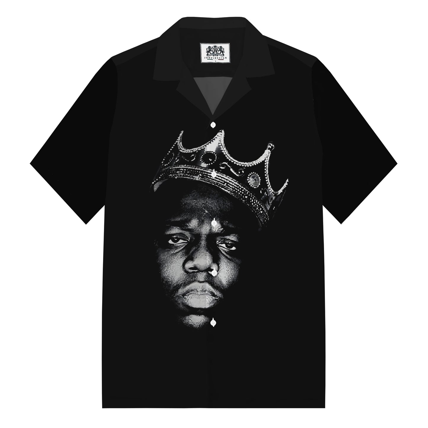 Men's Black Crown Print Camp Collar Short Sleeve Shirt