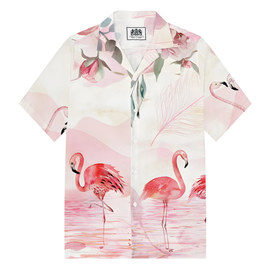 Pink Flamingo Print Camp Collar Short Sleeve Shirt