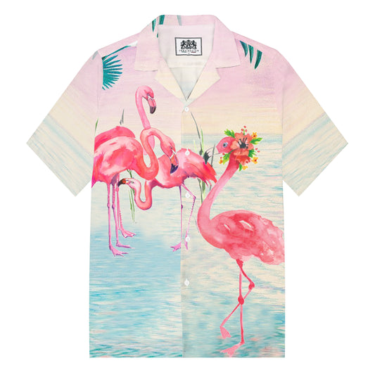 Flamingo With Flowers On Head Print Camp Collar Short Sleeve Shirt