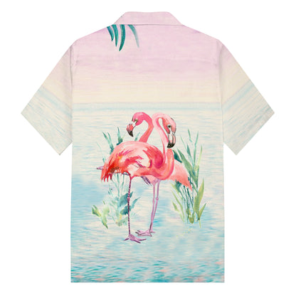 Flamingo With Flowers On Head Print Camp Collar Short Sleeve Shirt