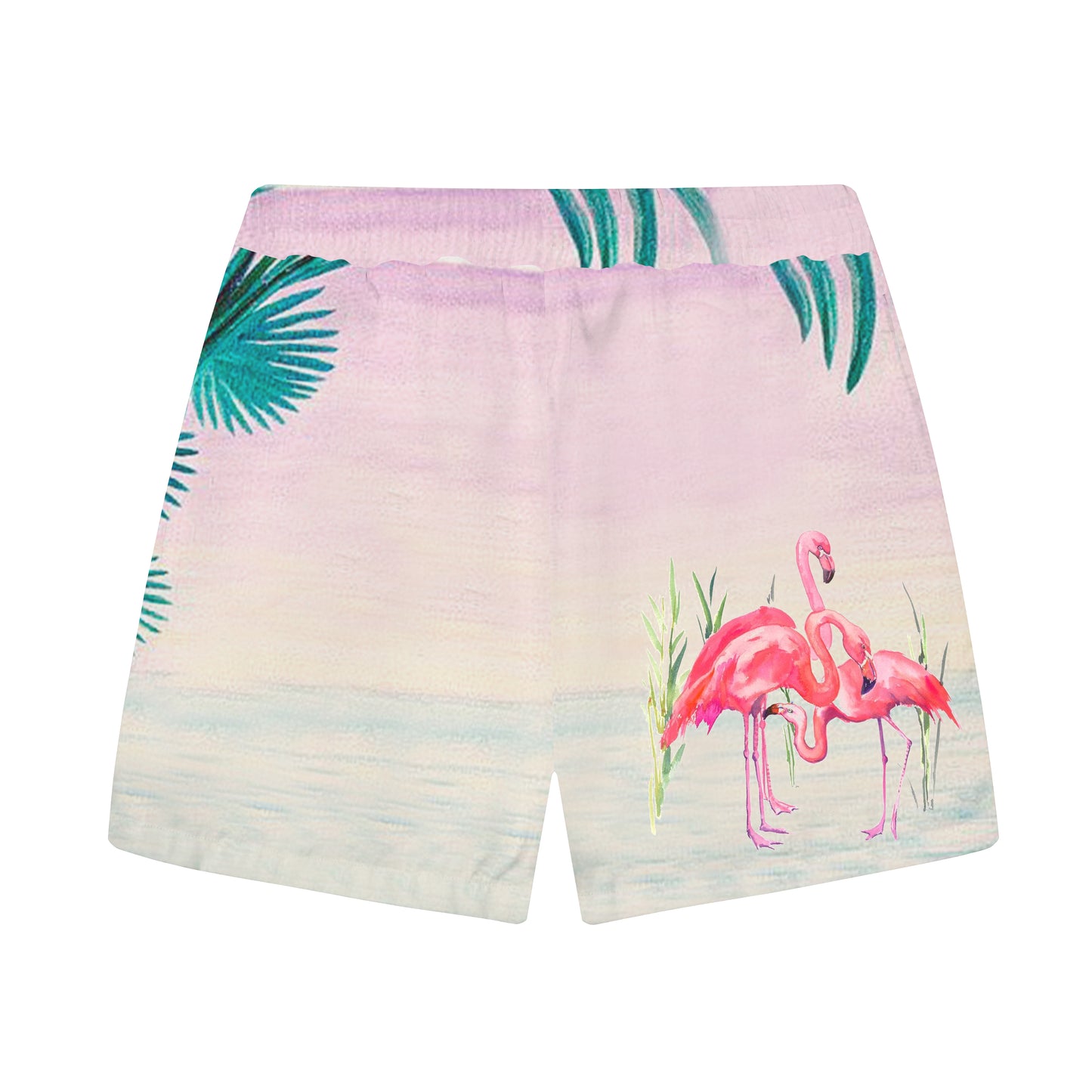 Flamingo With Flowers On Head Elastic Waistband Summer Casual Shorts