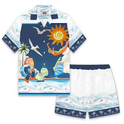 Summer Sunshine Seaside Print Elastic Waistband Casual Shorts