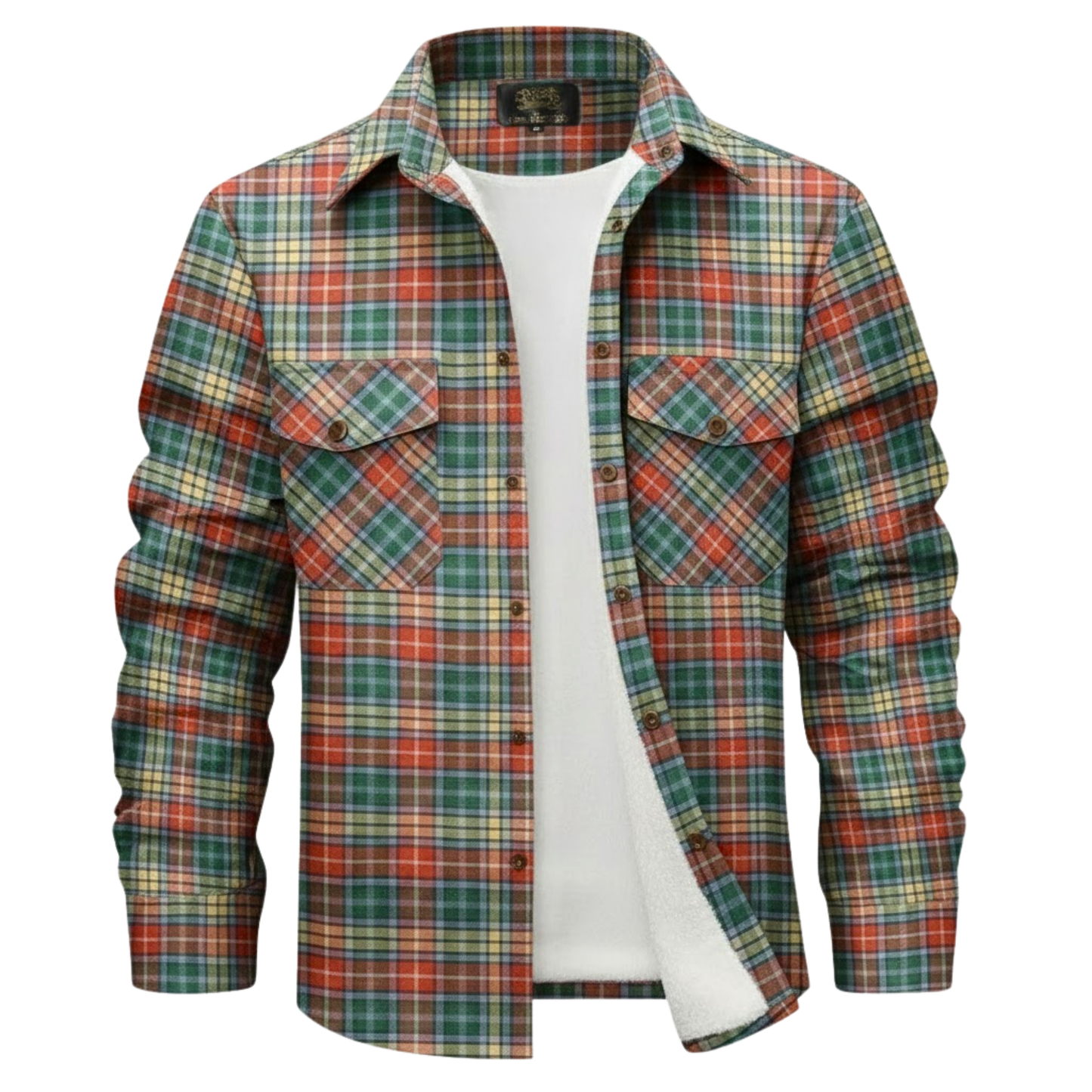 Red-Green-Orange-Yellow Plaid Button Down Flannel Jacket