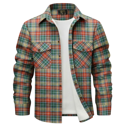 Red-Green-Orange-Yellow Plaid Button Down Flannel Jacket