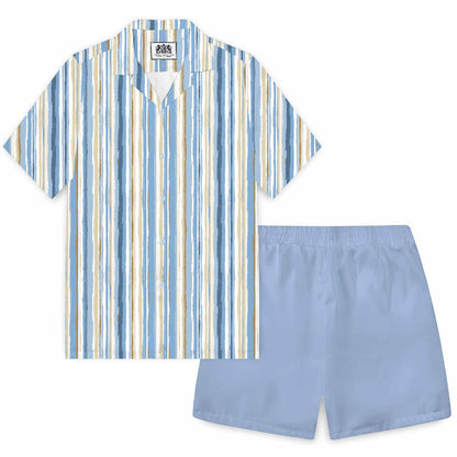 Light Blue Vertical Striped Casual Camp Collar Short-Sleeved Shirt