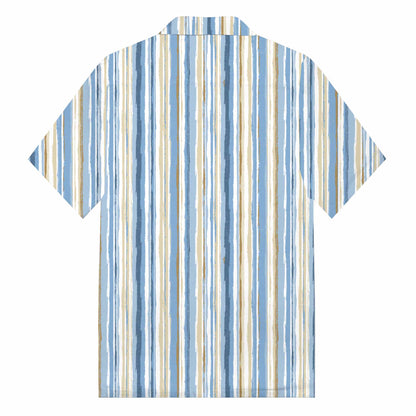 Light Blue Vertical Striped Casual Camp Collar Short-Sleeved Shirt