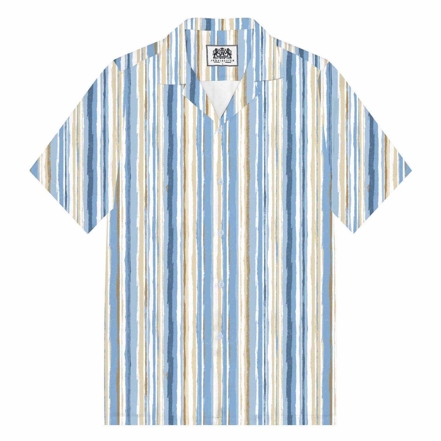 Light Blue Vertical Striped Casual Camp Collar Short-Sleeved Shirt