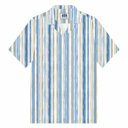 Light Blue Vertical Striped Casual Camp Collar Short-Sleeved Shirt