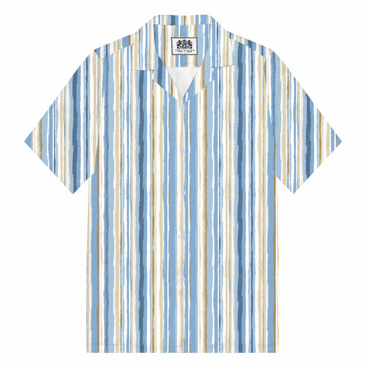 Light Blue Vertical Striped Casual Camp Collar Short-Sleeved Shirt