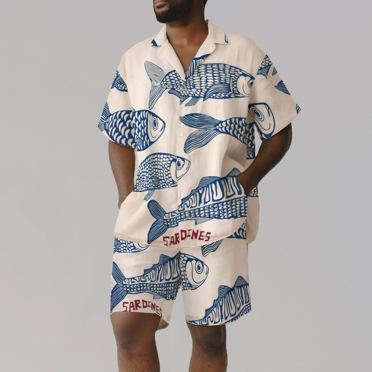 Vacation Wear Sardine Pattern Short Sleeve Camp Collar Shirt