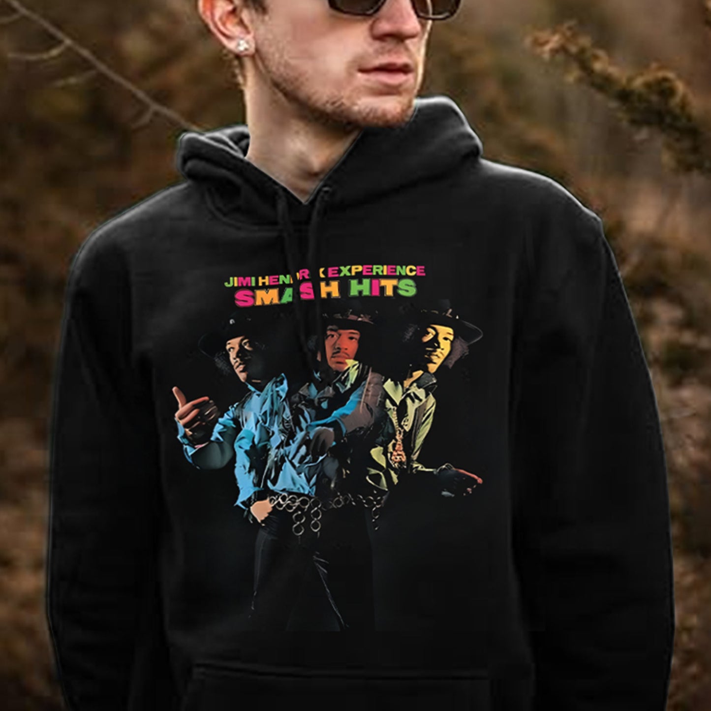 Men's Black Singer Print Hooded Sweatshirt