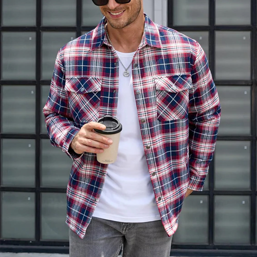 Flannel Plaid Button Shirt Lumber Jacket - White Red