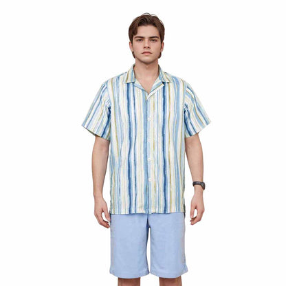 Light Blue Vertical Striped Casual Camp Collar Short-Sleeved Shirt