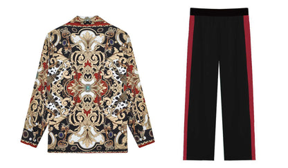 Red Baroque Pattern Casual Trousers With Elastic Waistband