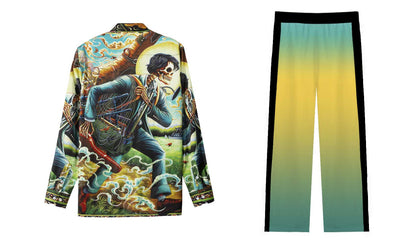 Skeleton Guitarist Pattern Casual Trousers With Elastic Waistband