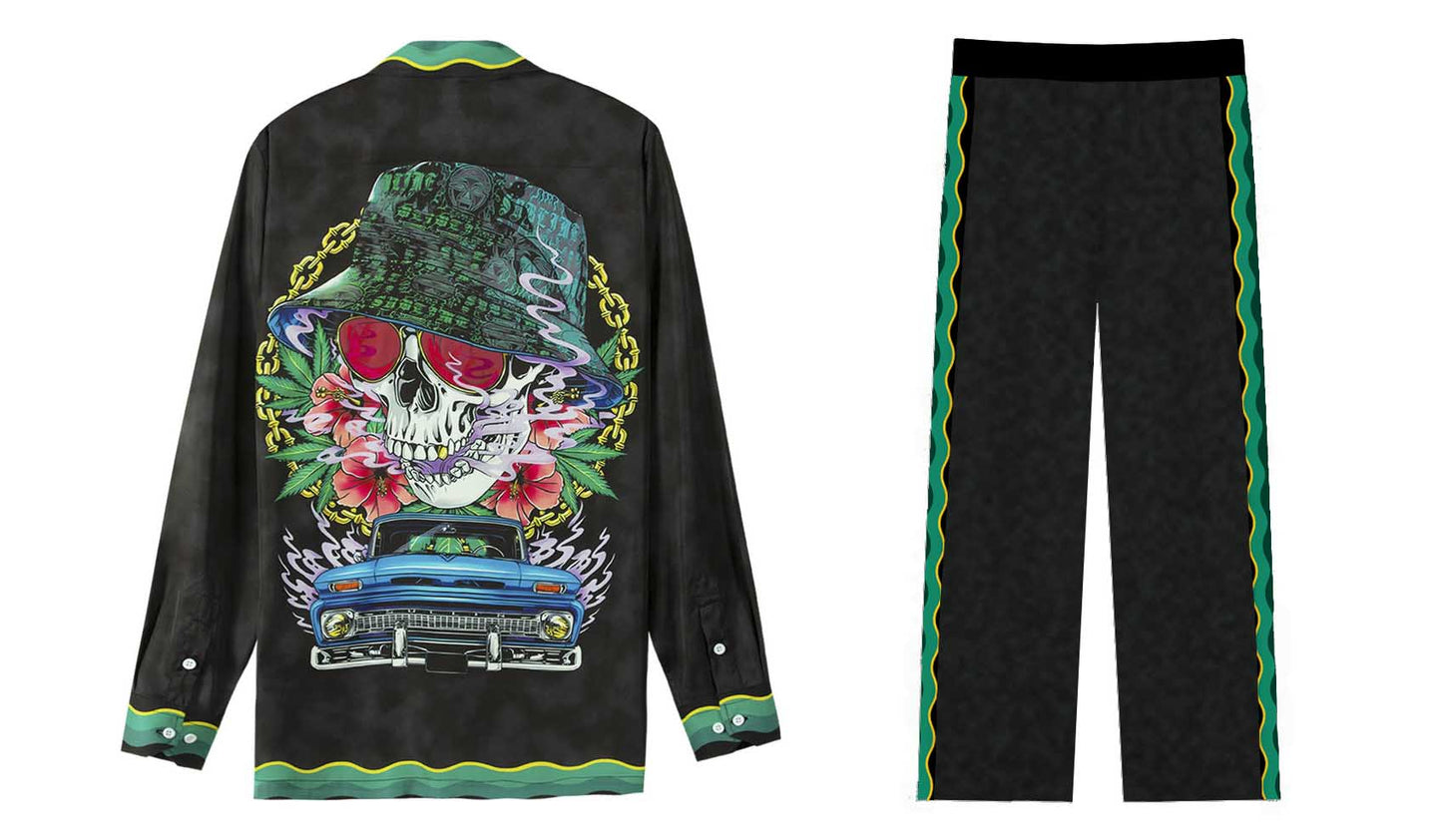 Skeleton Artist Pattern Casual Trousers With Elastic Waistband