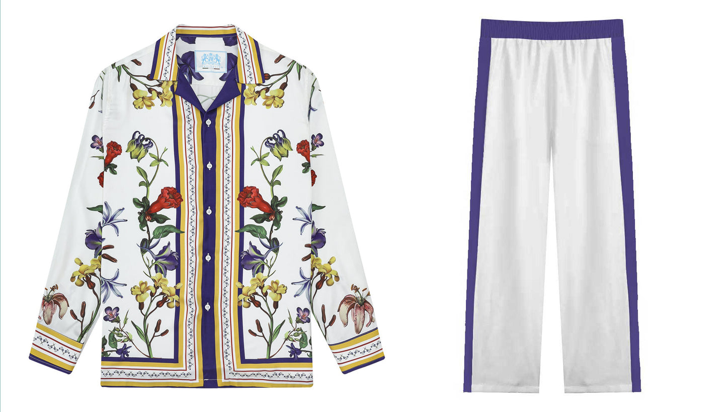 Purple Floral Pattern Casual Trousers With Elastic Waistband