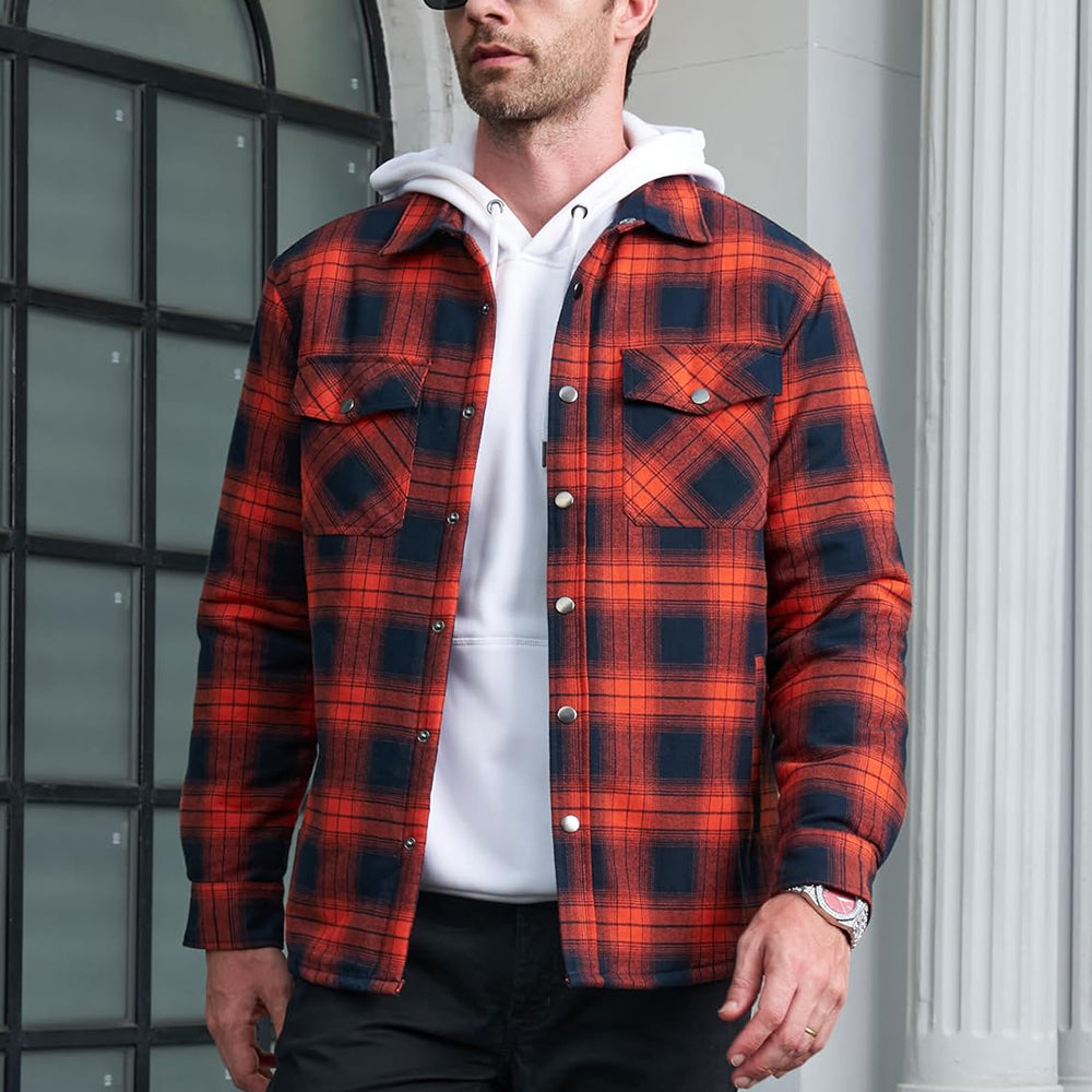 Flannel Plaid Button Shirt Lumber Jacket - Orange