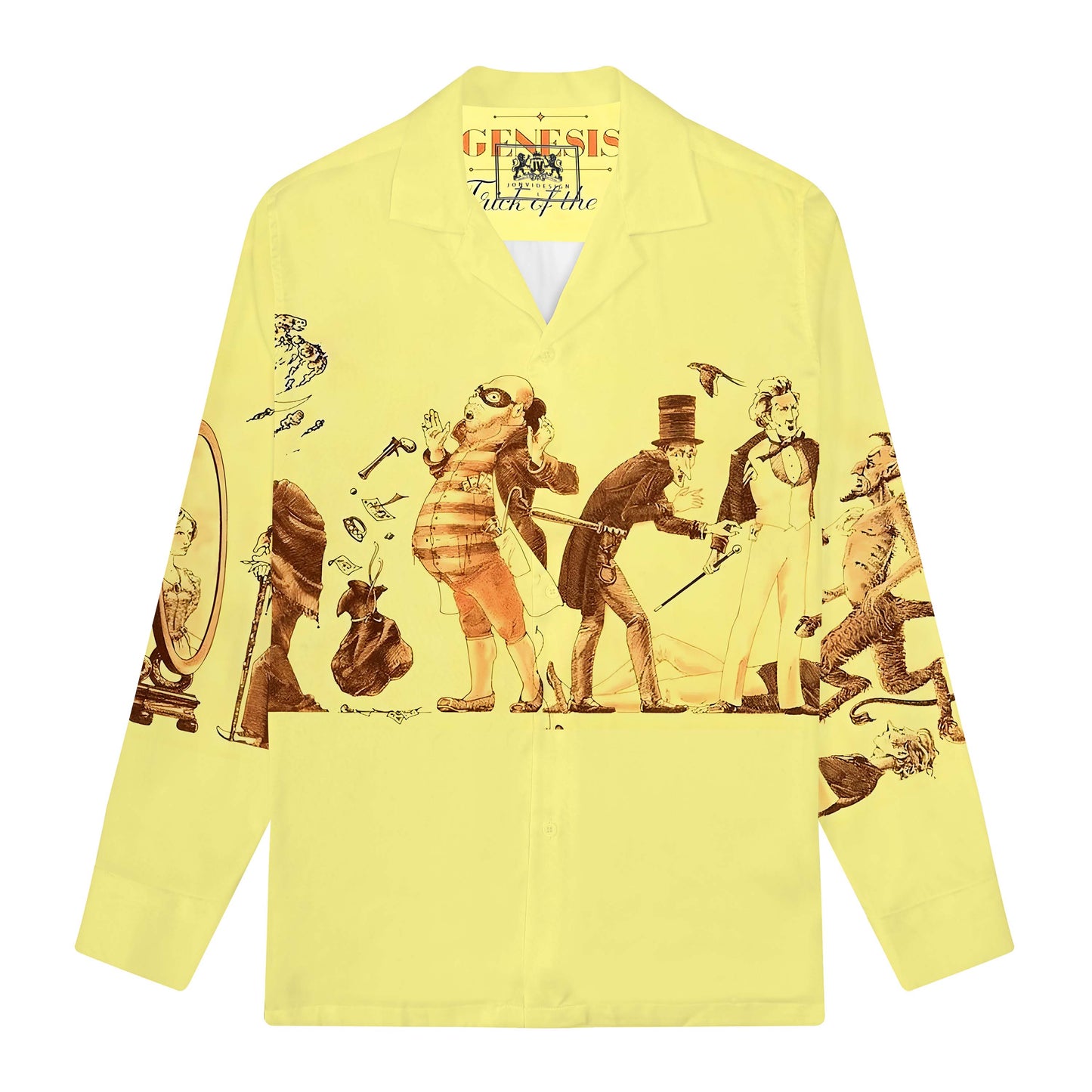 Retro Illustration Print Long Sleeve Camp Collar Shirt