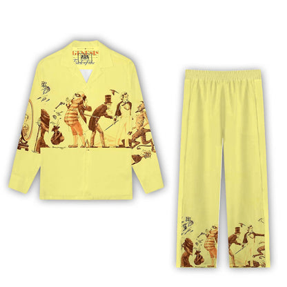 Retro Illustration Print Casual Trousers With Elastic Waistband