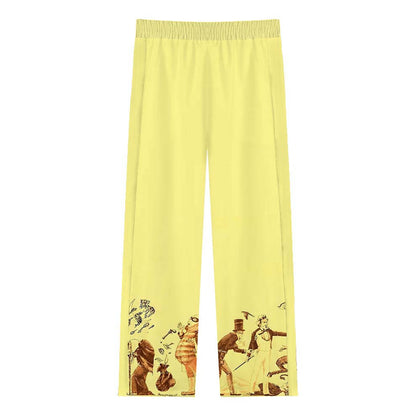 Retro Illustration Print Casual Trousers With Elastic Waistband