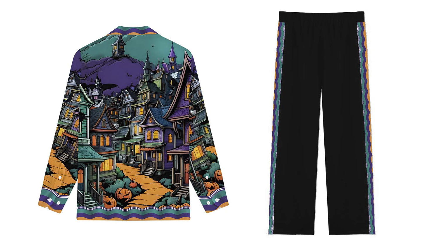 Quiet And Mysterious Halloween Town Prints Casual Trousers With Elastic Waistband