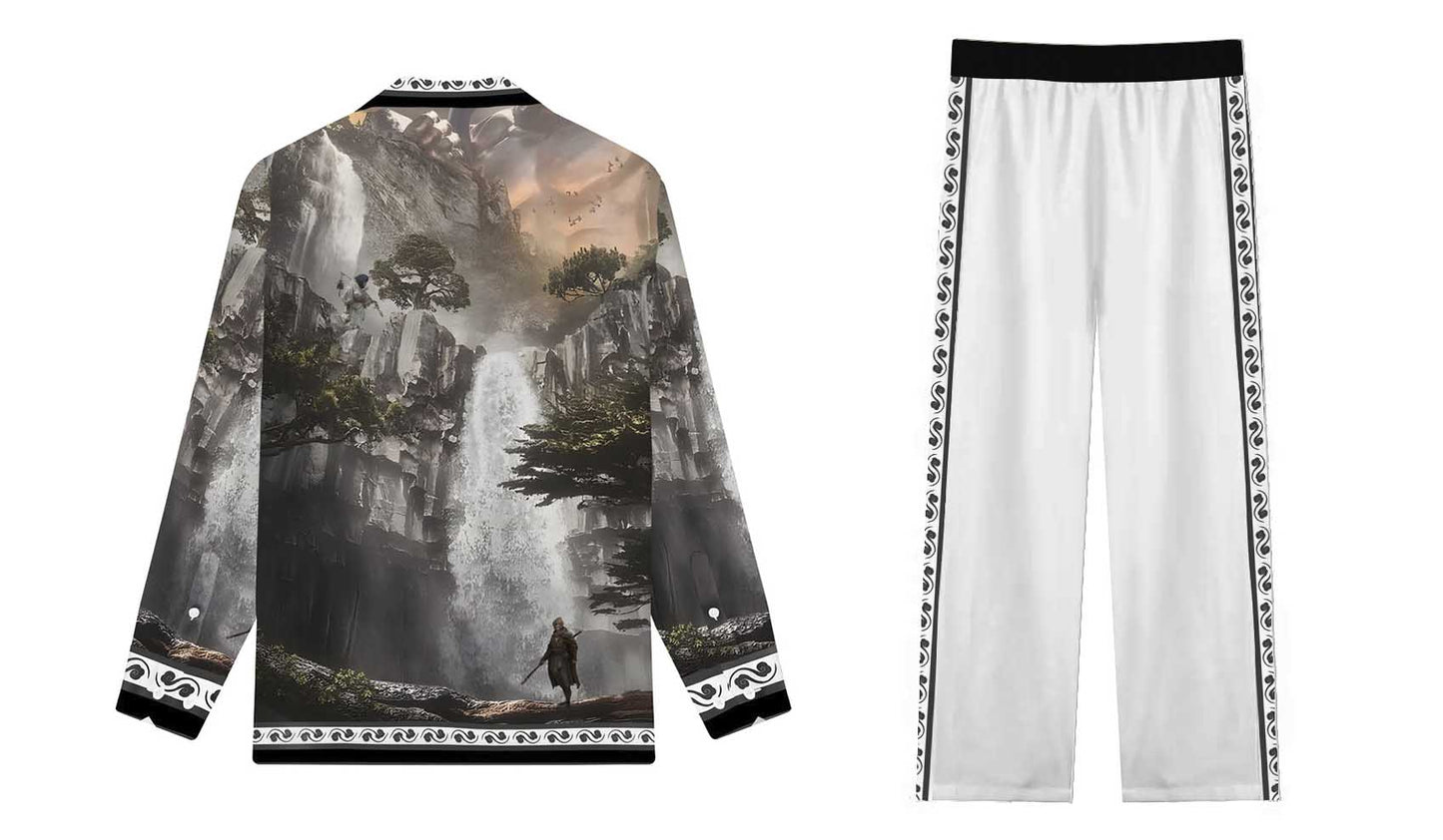 Black Myth: Wukong Waterfall Background Print Casual Trousers With Elastic Waistband