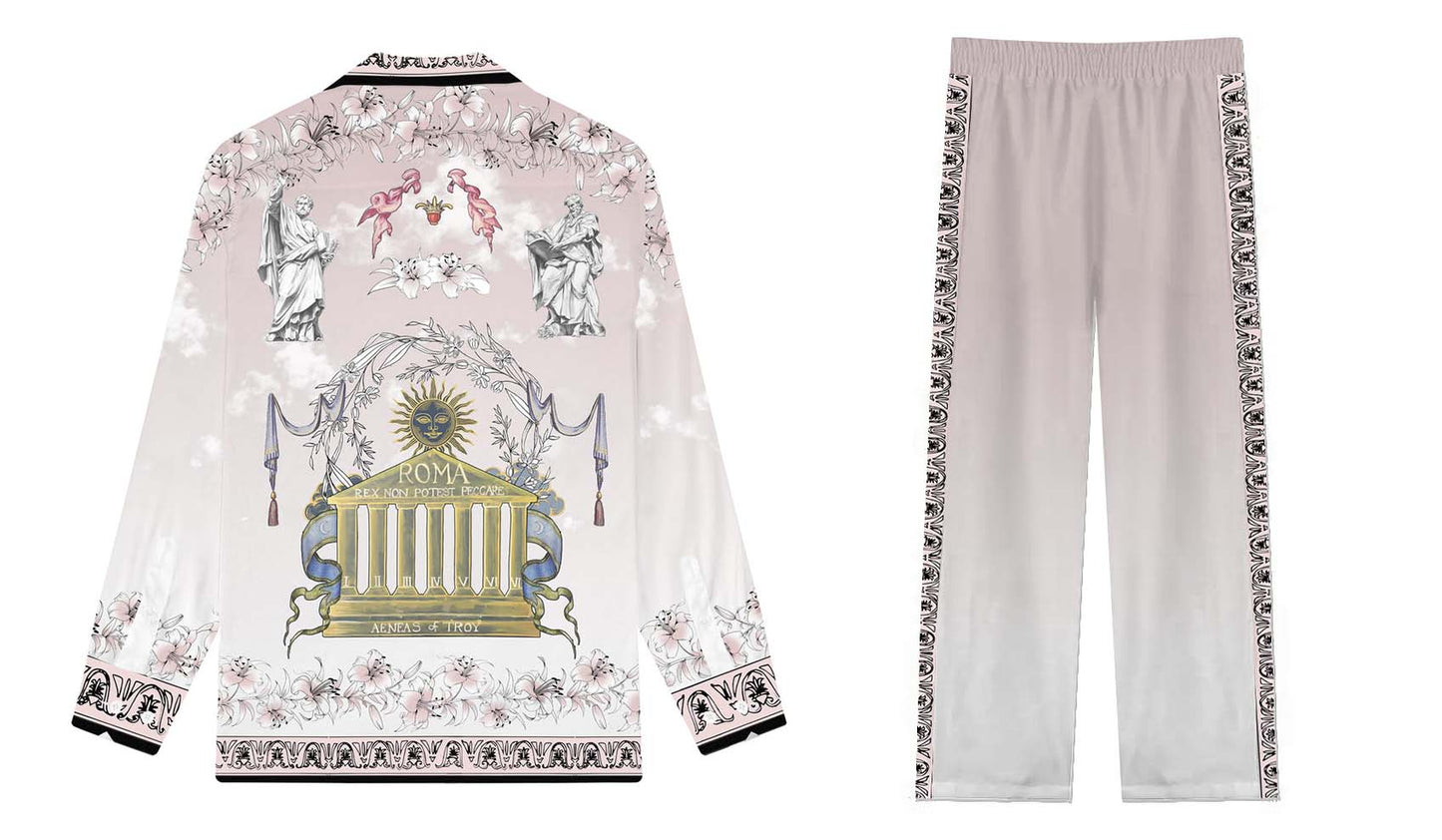 Roman Temple Print Casual Trousers With Elastic Waistband