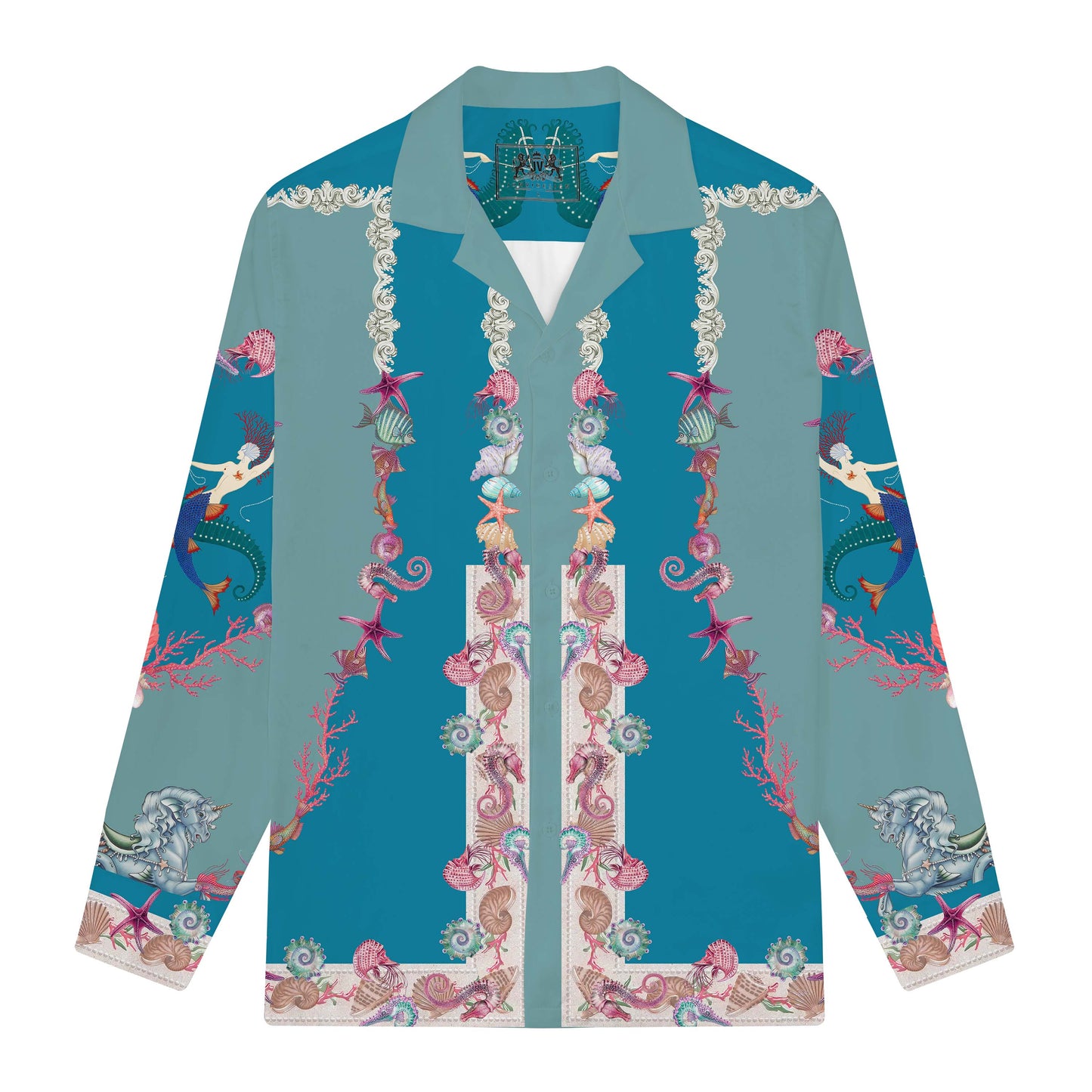 Mermaid and Ocean Print Long Sleeve Camp Collar Shirt