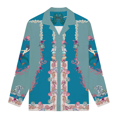 Mermaid and Ocean Print Long Sleeve Camp Collar Shirt