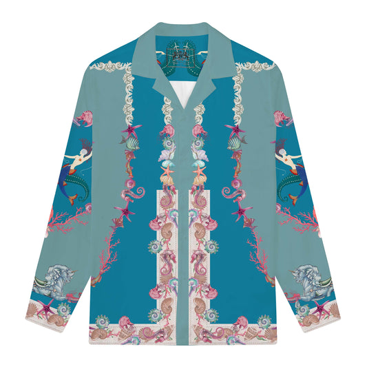 Mermaid and Ocean Print Long Sleeve Camp Collar Shirt