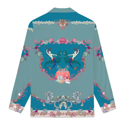 Mermaid and Ocean Print Long Sleeve Camp Collar Shirt