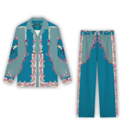 Mermaid and Ocean Print Casual Trousers With Elastic Waistband