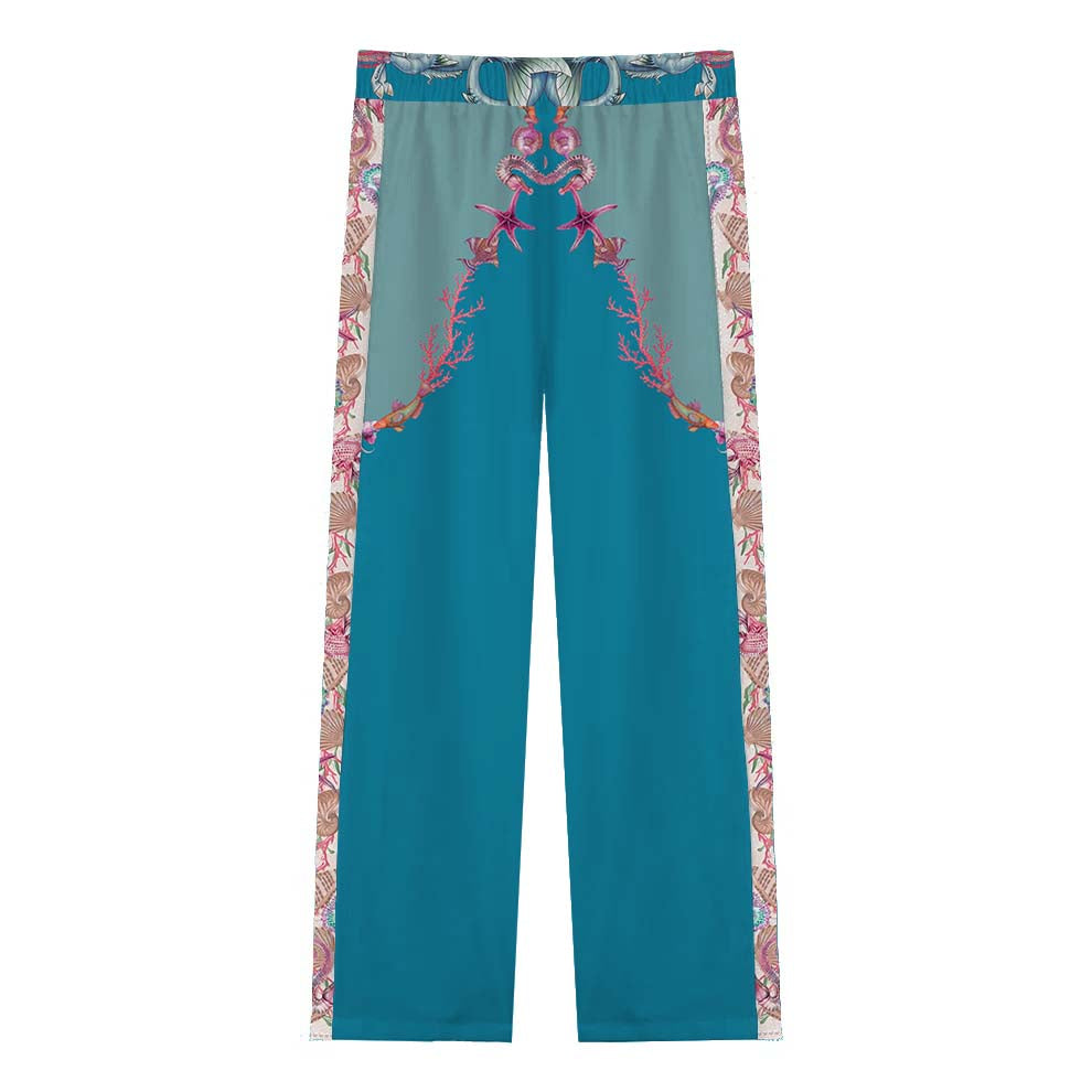 Mermaid and Ocean Print Casual Trousers With Elastic Waistband