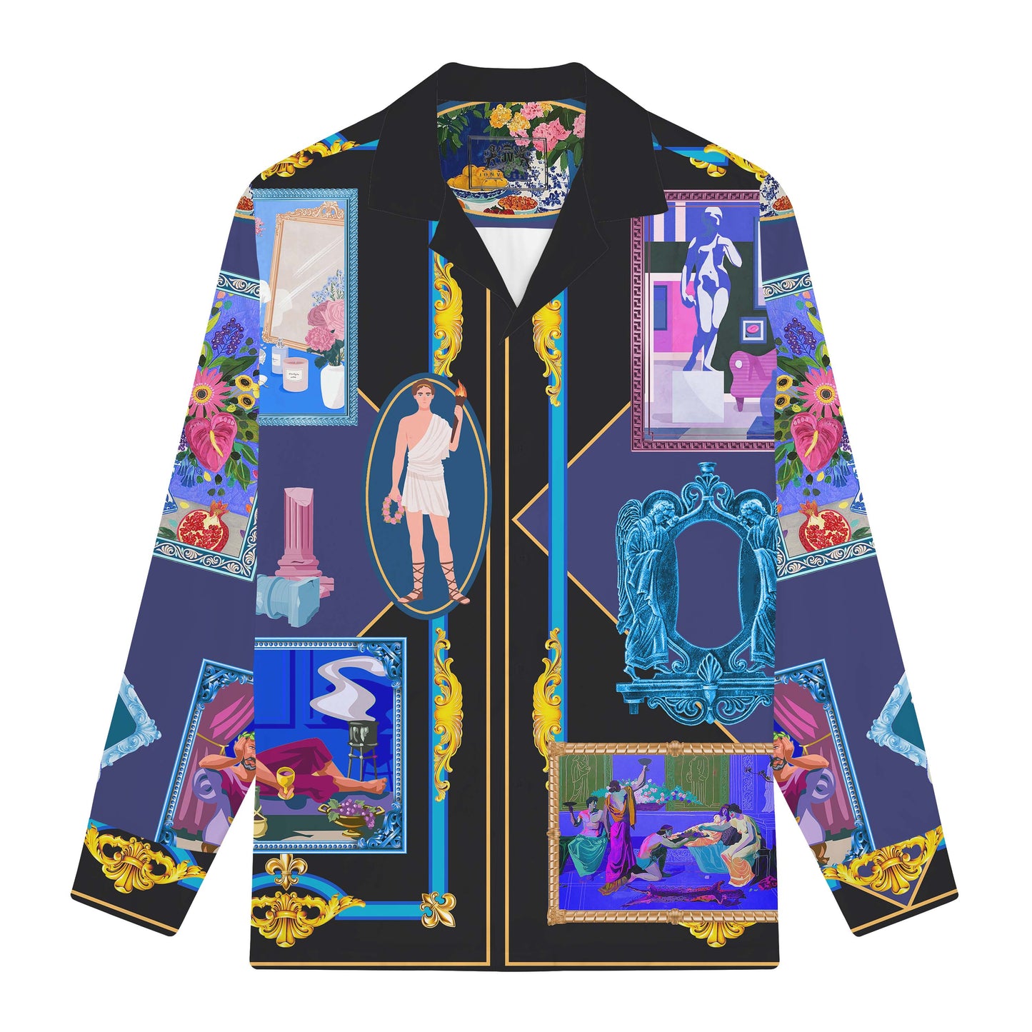 Vintage Gallery Print Long Sleeve Camp Collar Shirt