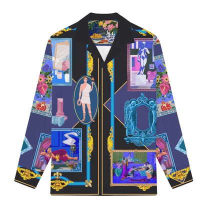 Vintage Gallery Print Long Sleeve Camp Collar Shirt