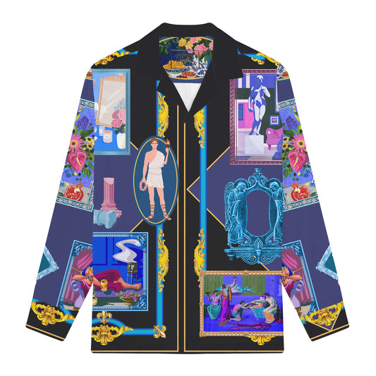 Vintage Gallery Print Long Sleeve Camp Collar Shirt