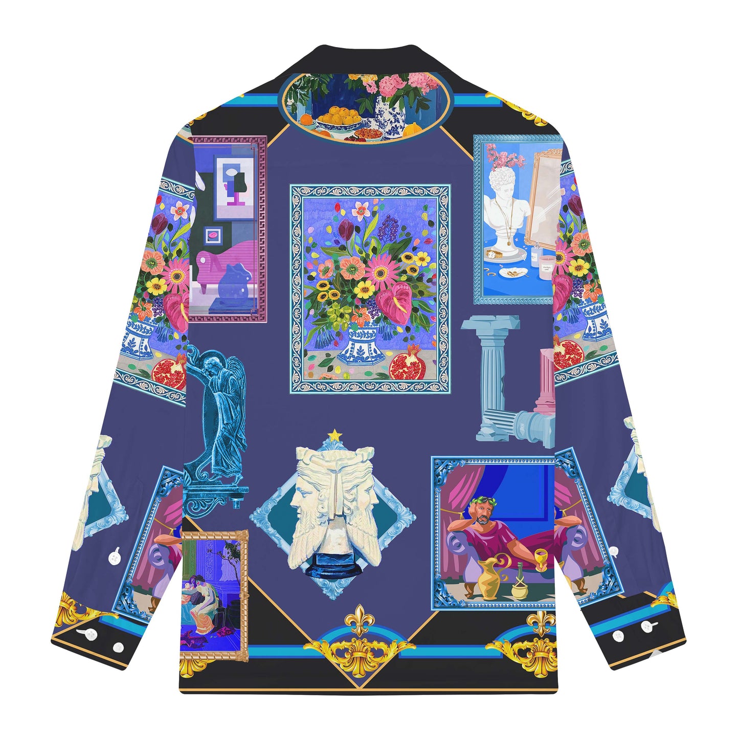 Vintage Gallery Print Long Sleeve Camp Collar Shirt