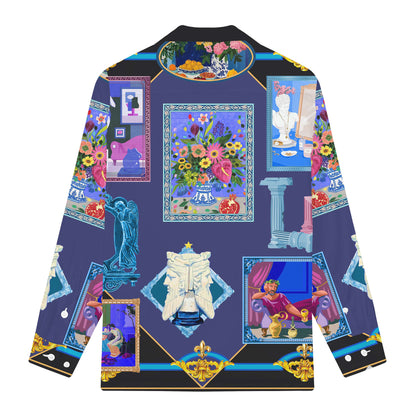 Vintage Gallery Print Long Sleeve Camp Collar Shirt