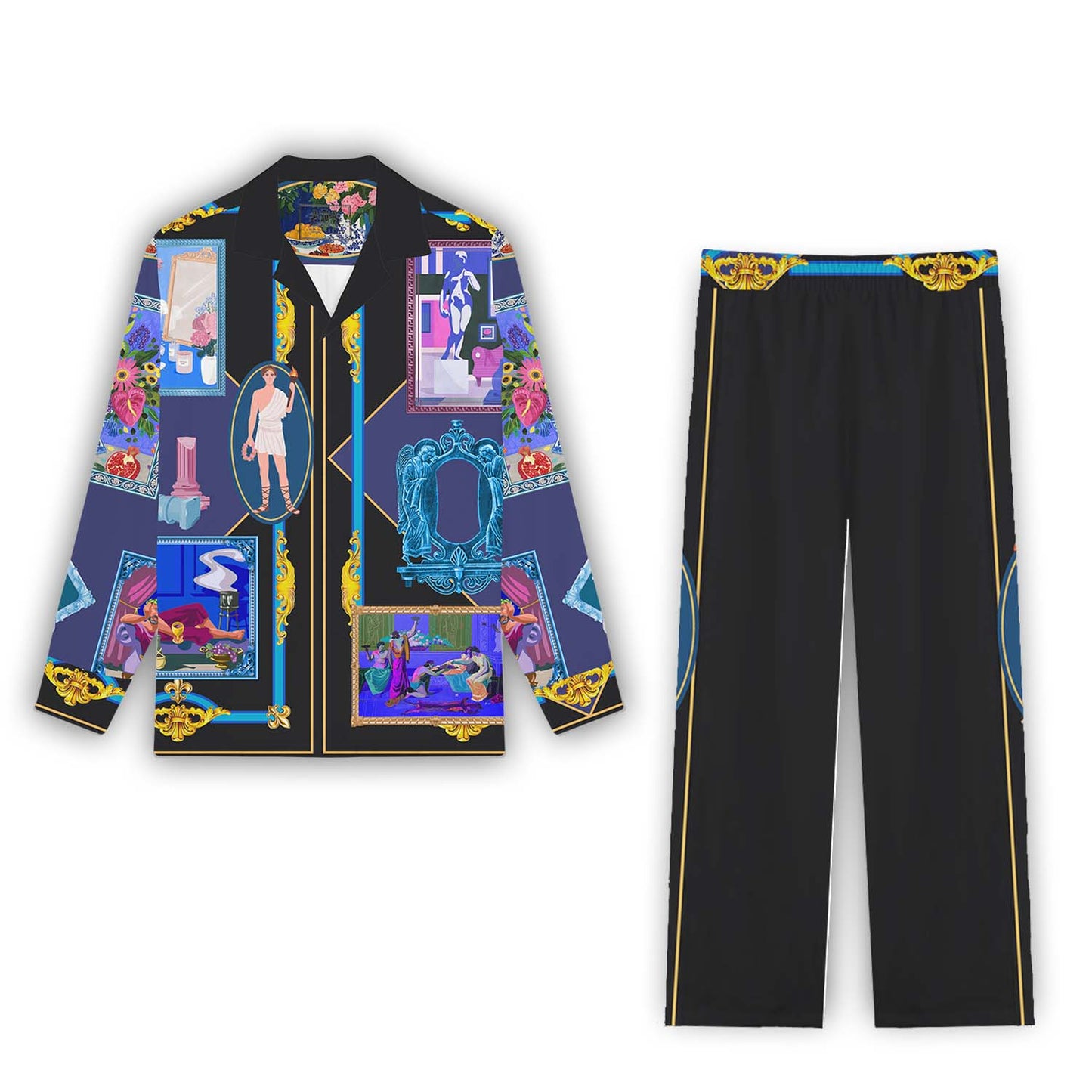 Vintage Gallery Print Casual Trousers With Elastic Waistband