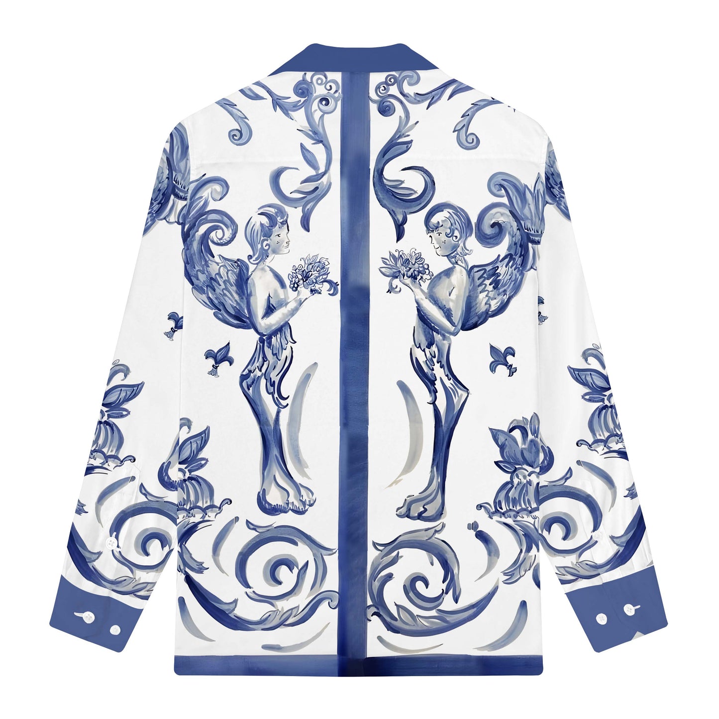 Baroque Cherub print Long Sleeve Camp Collar Shirt