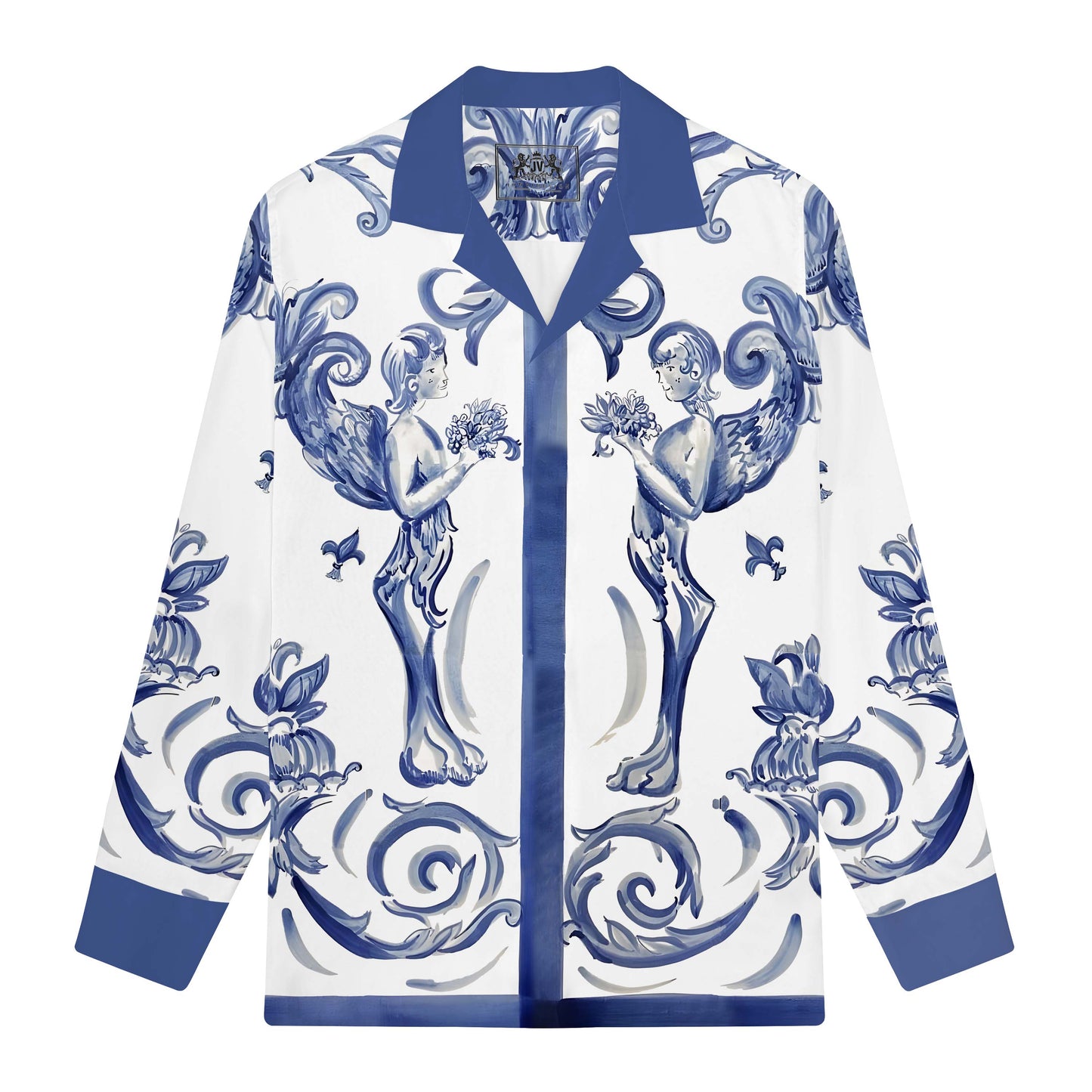 Baroque Cherub print Long Sleeve Camp Collar Shirt