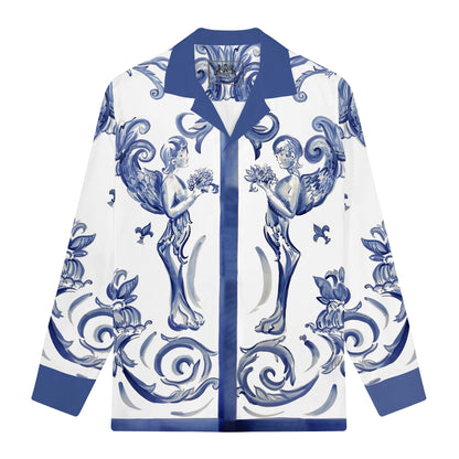Baroque Cherub print Long Sleeve Camp Collar Shirt